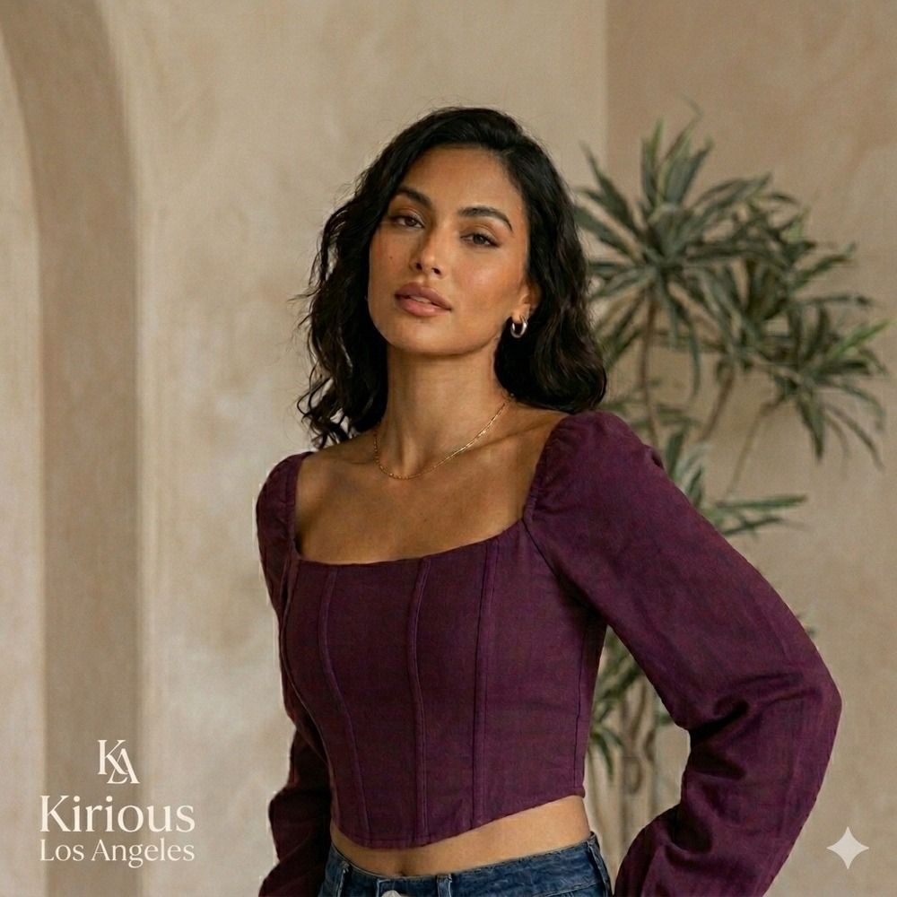 Kirious‎ Los Angeles Womens Corset Crop Top Burgundy Square Neck Long Sleeve L